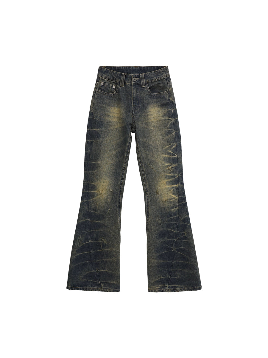 FUZZYKON Handmade Pleated Heavy Industry Nostalgic Slightly Pulled Jeans