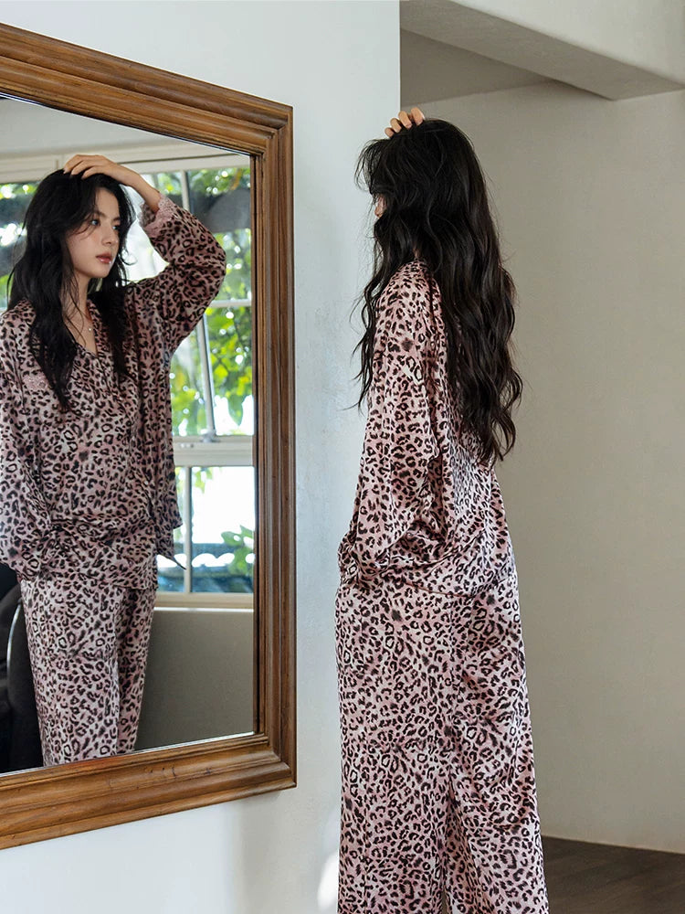 YUENEI Leopard Print Pink Silk Ice Silk Long-sleeved Trousers Pajamas