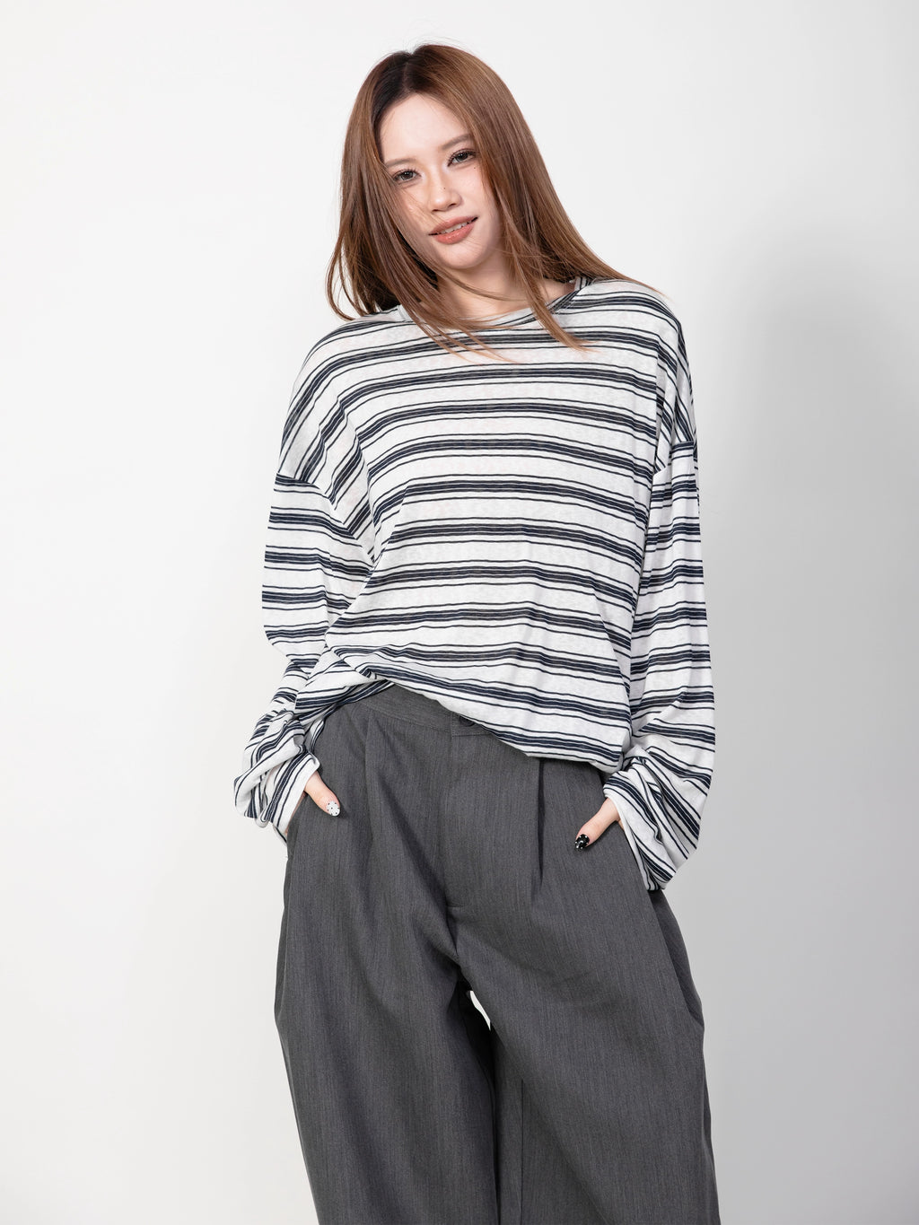 RHOMEHOUSE Lazy Loose Drape Striped Long Sleeve