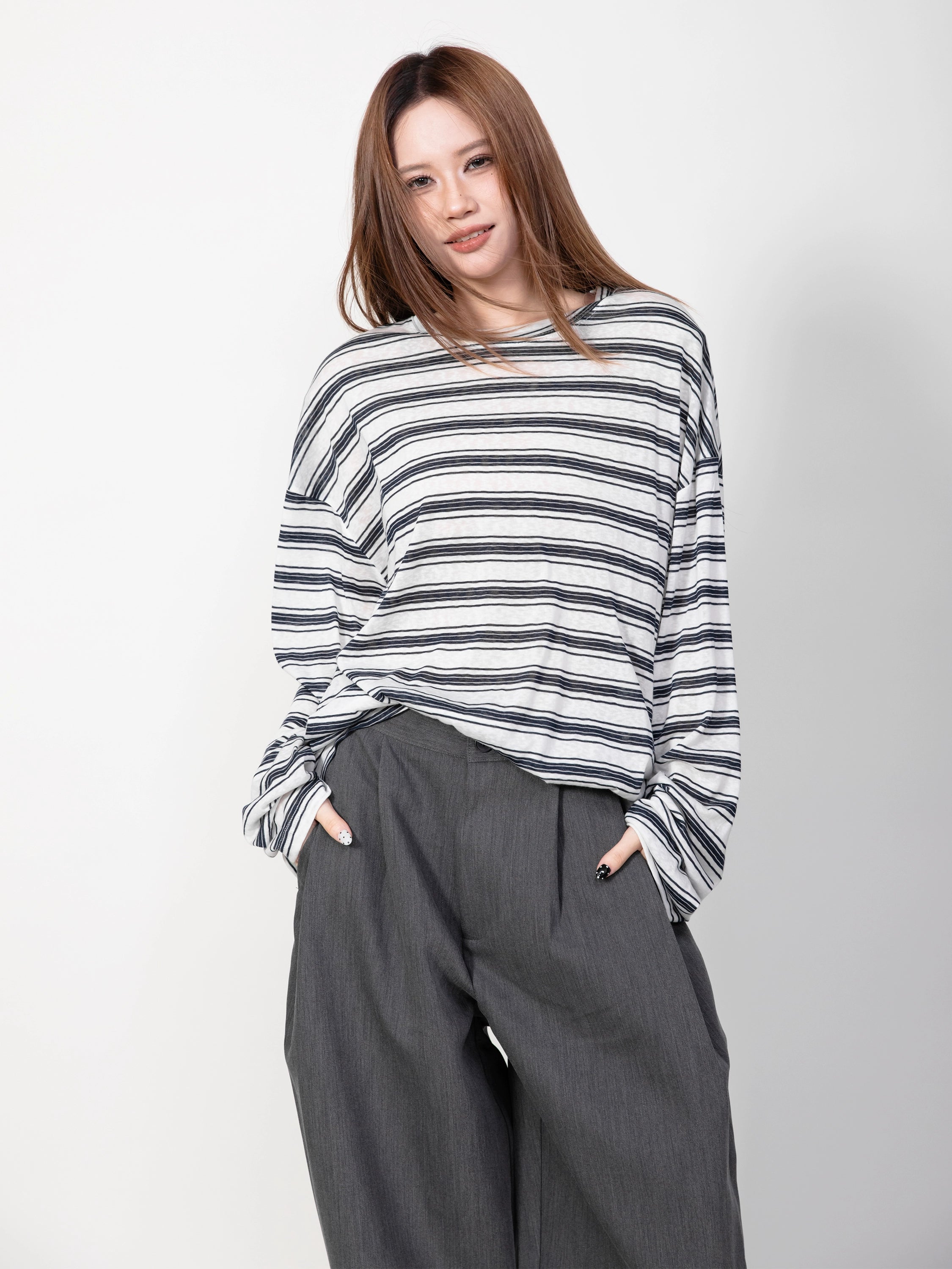 RHOMEHOUSE Lazy Loose Drape Striped Long Sleeve