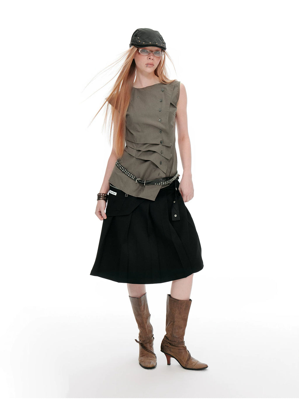 JIKOO Diagonal-breasted Waist-pleated Sleeveless Shirt