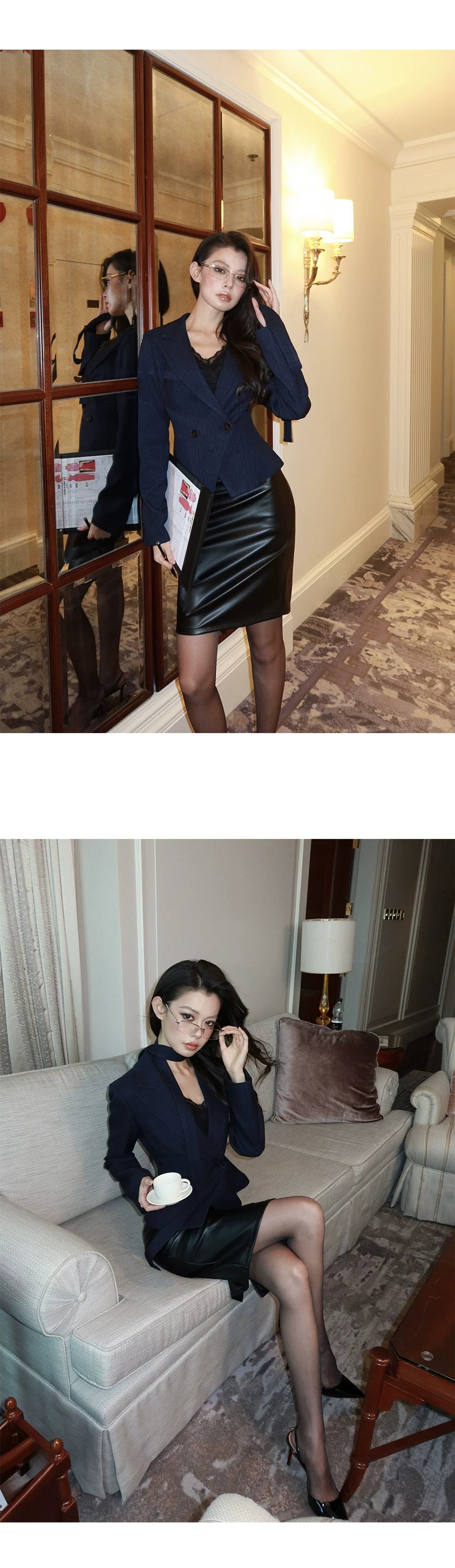 LLROGE Waist Blazer Half-body Leather Skirt Set