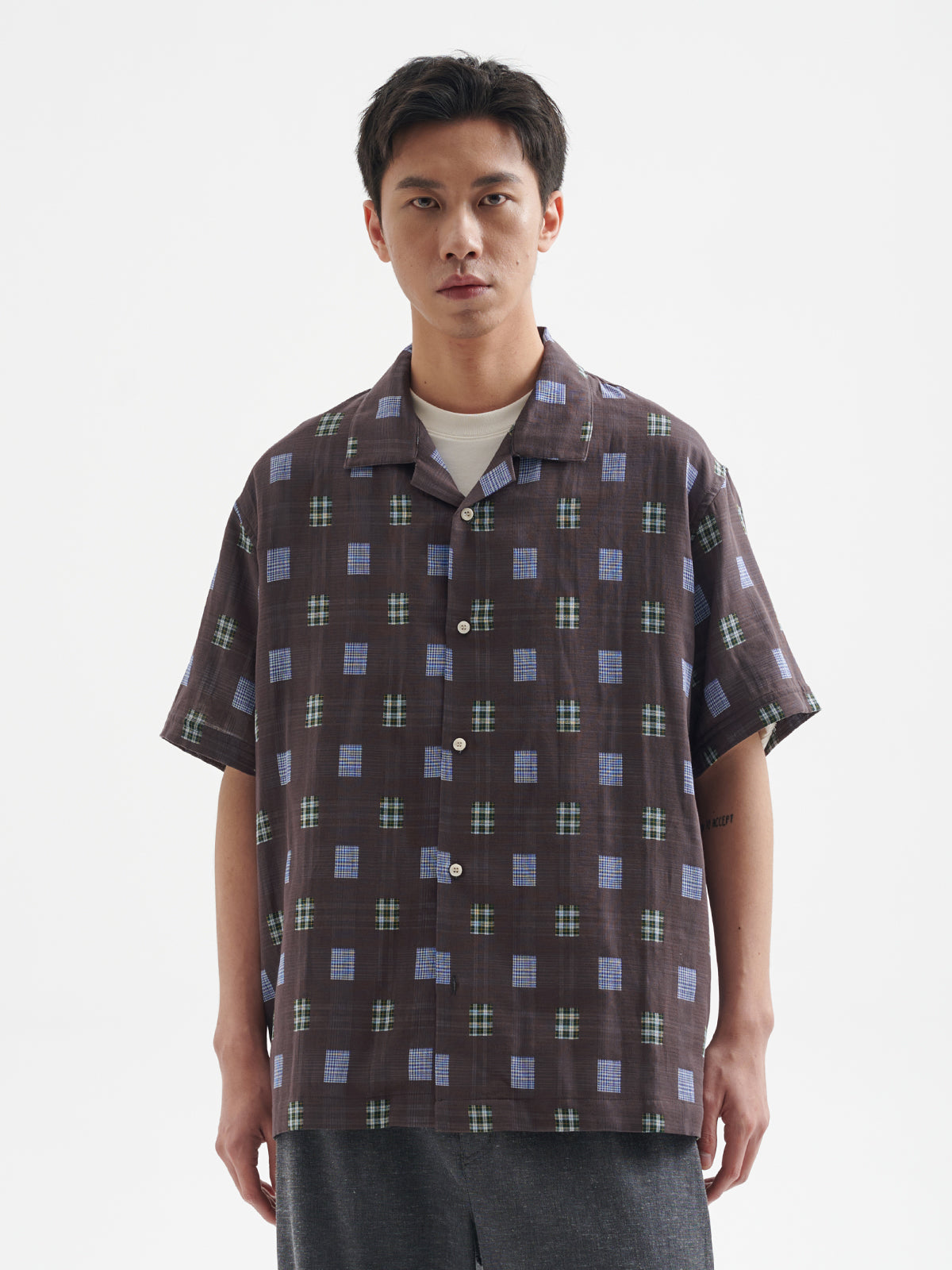 BUTTBILL 25SS Japanese vintage double-layer yarn plaid Cuban collar Short