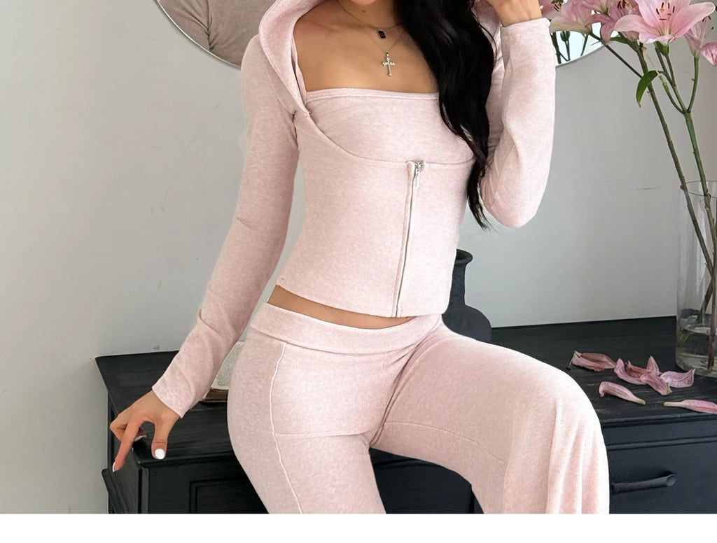 Audwyn Suspender Elastic Hip-wrapped Micro-pull Pants Towel Fleece Sweater Three-piece Set