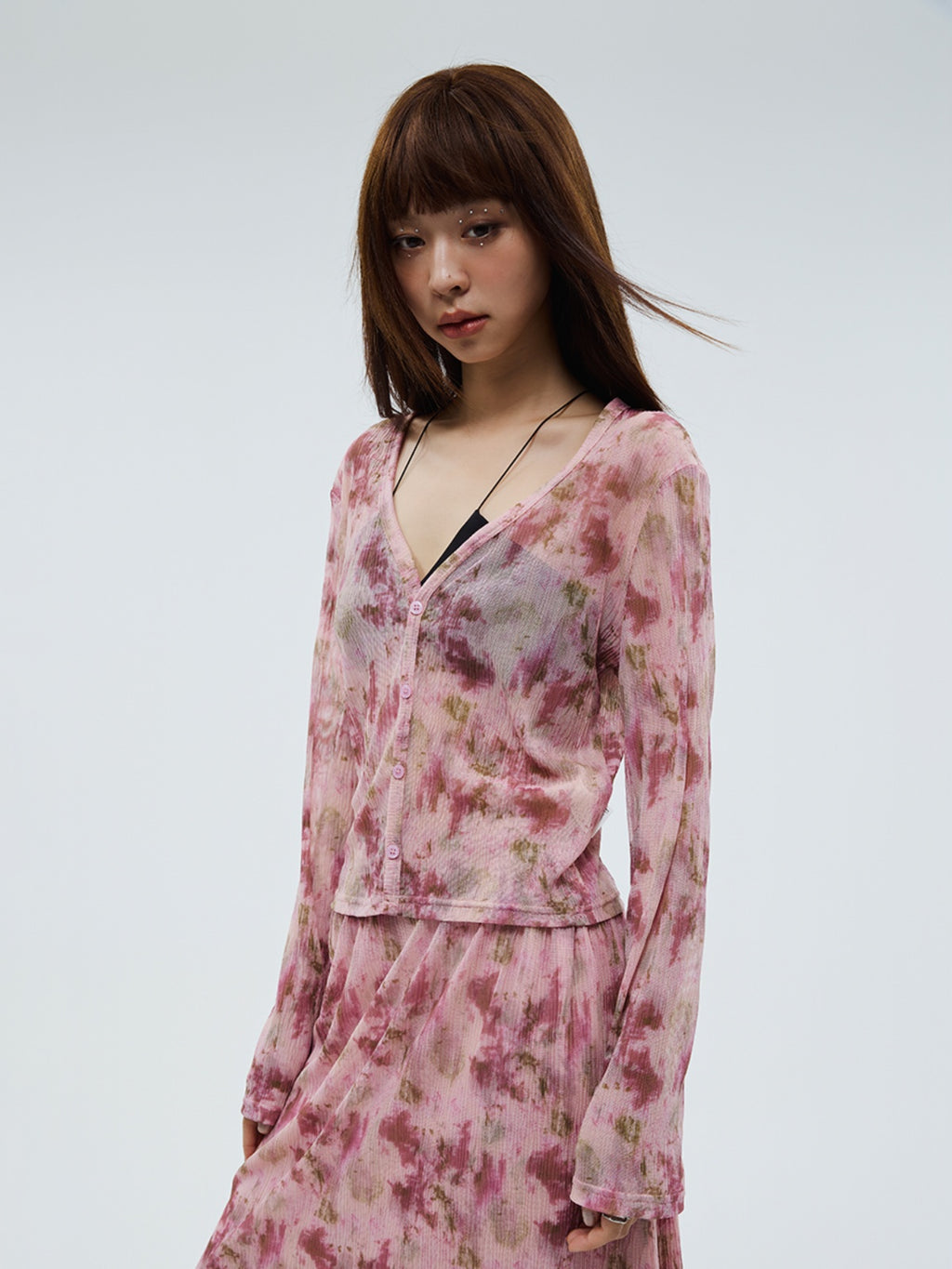 FUNKYFUN Floral Pleated Texture V-neck Cardigan Short Jacket