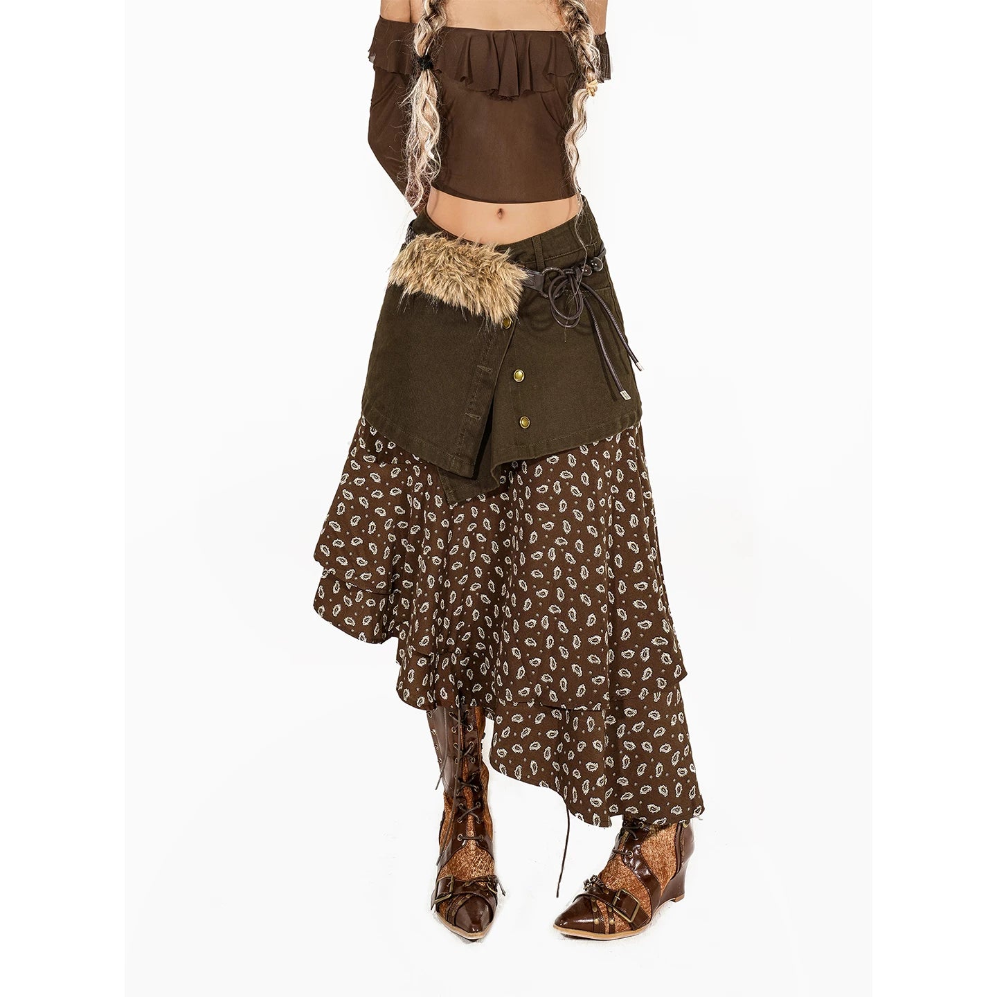 Arielink Vintage Layered Patchwork Irregular Denim Skirt