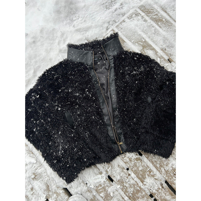 Eme Retro Fuzzy Trimmed Leather Warm Stand Collar Jacket