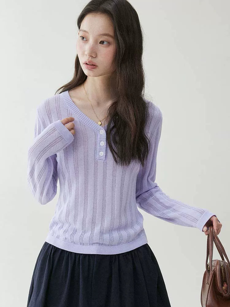VOOE V Collar Hollow Knitted Versatile Long Sleeves