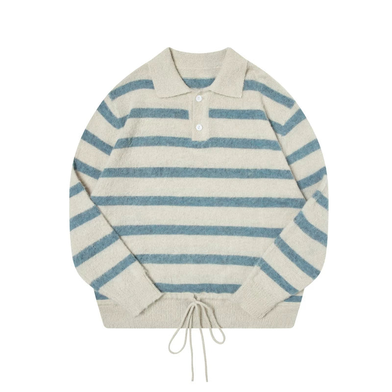 TGNS POLO Neck Drawstring Waist Striped Knitted Sweater