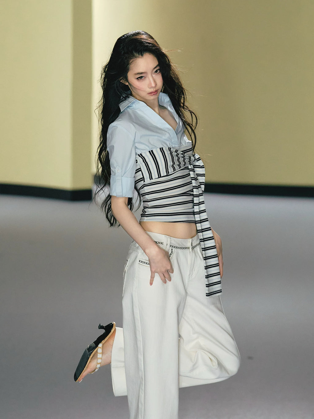 AGAM Fake Two-piece Stitched Striped Contrasting Strap Shirt