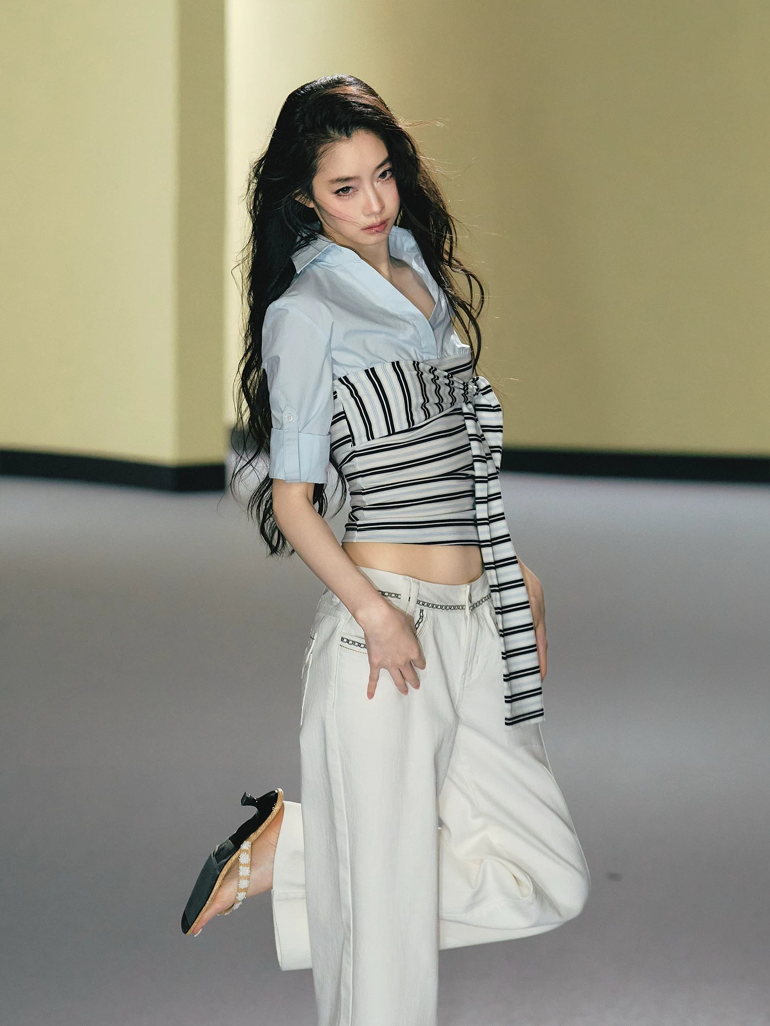 AGAM Fake Two-piece Stitched Striped Contrasting Strap Shirt