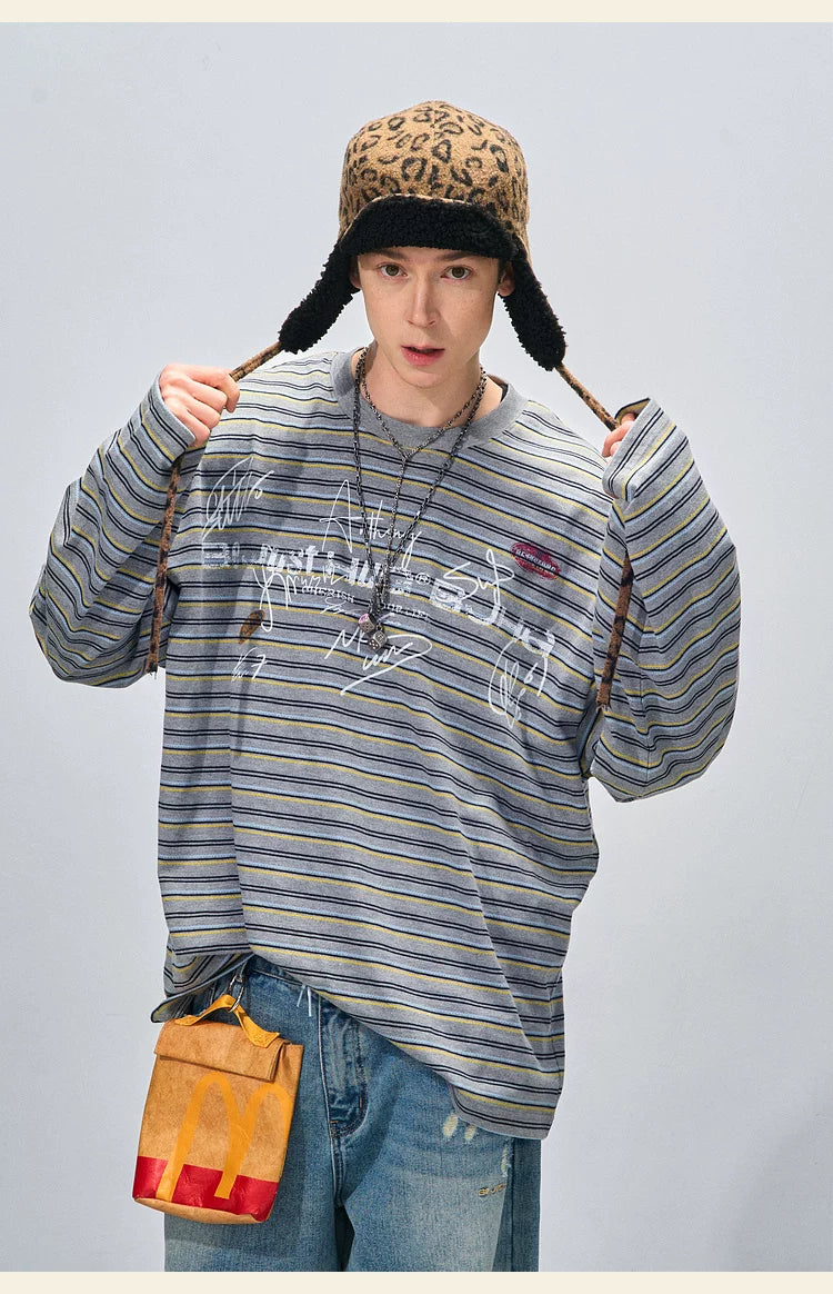 BJHG Striped Graffiti Print Knitted Sweater Couple Sweater