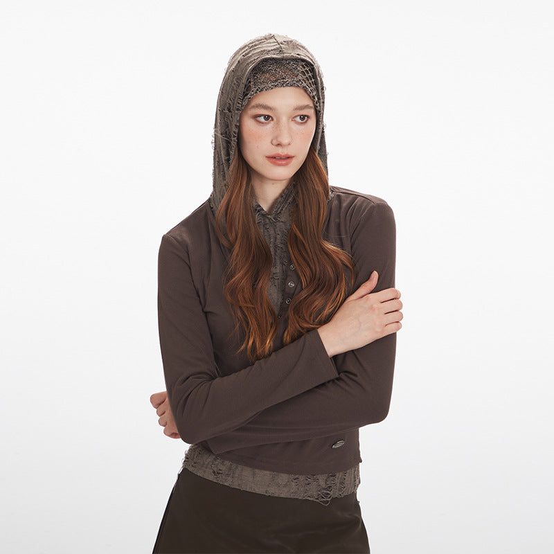 Nariele Fake Two-Piece Hooded Ripped Slim Long Sleeve