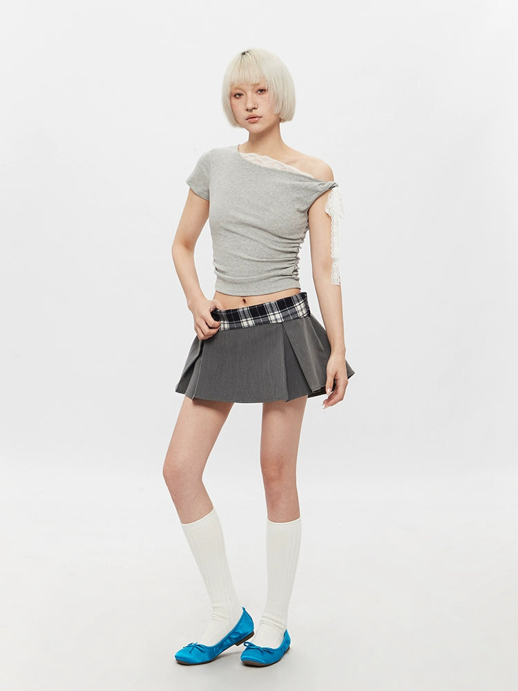 AIRHOOD Lace Sexy Diagonal Collar Short Tee