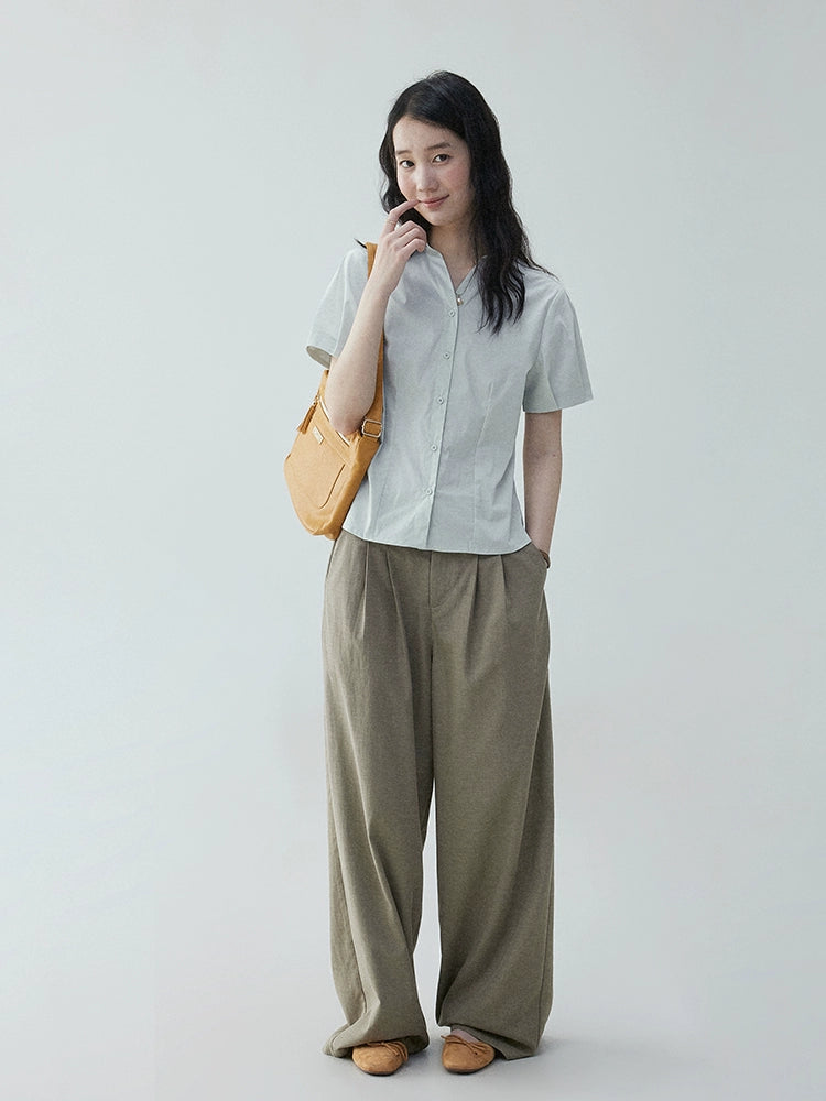 VOOE Flip V-Neck Pinch-pleated Loose Commuter Shirt
