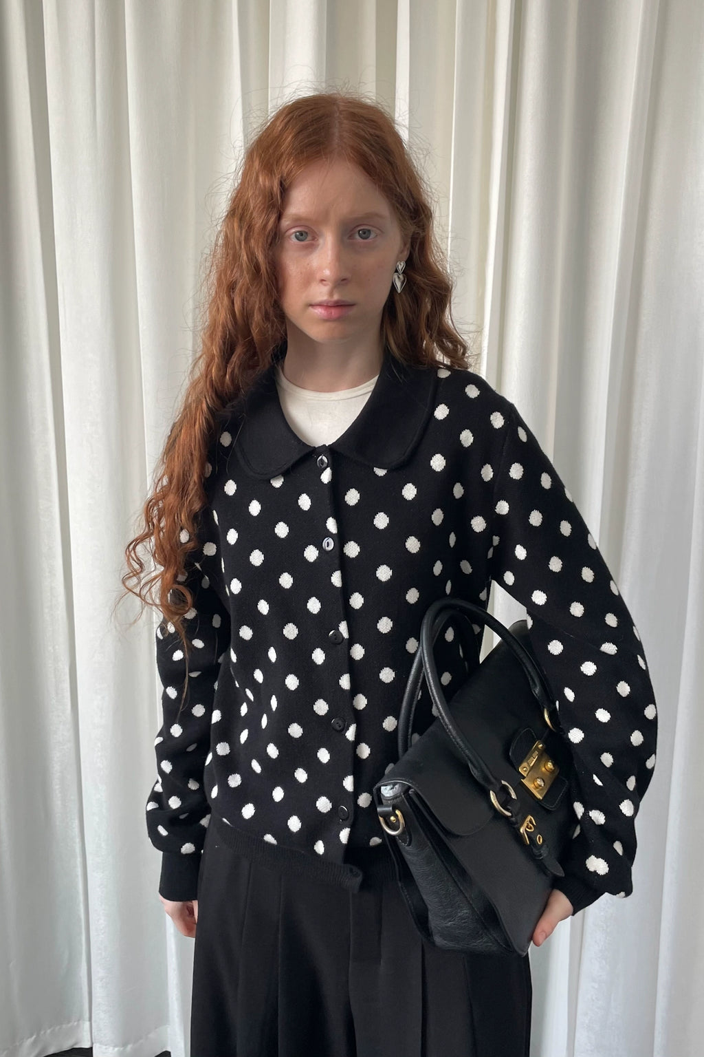 Loosesmell Polka Dot Doll Collar Long Sleeve Knitted Cardigan