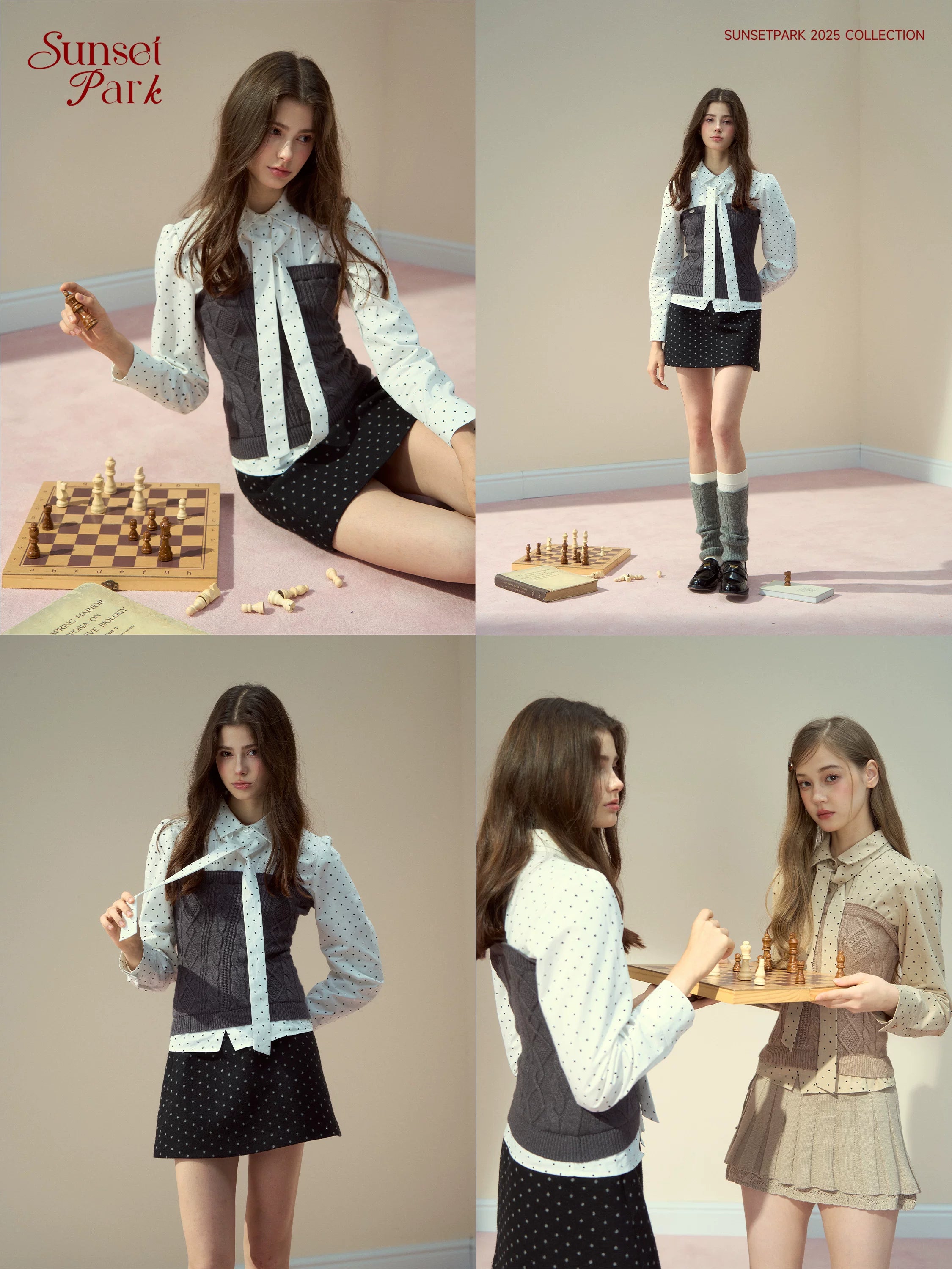 SunsetPark College Style Splicing Shirt Knitted Pleated Skirt Set