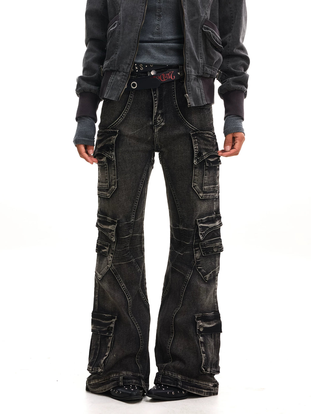 JHYWZD X BLACKLIST Retro Splicing Multi-pocket Micro-elastic Denim Flared Pants