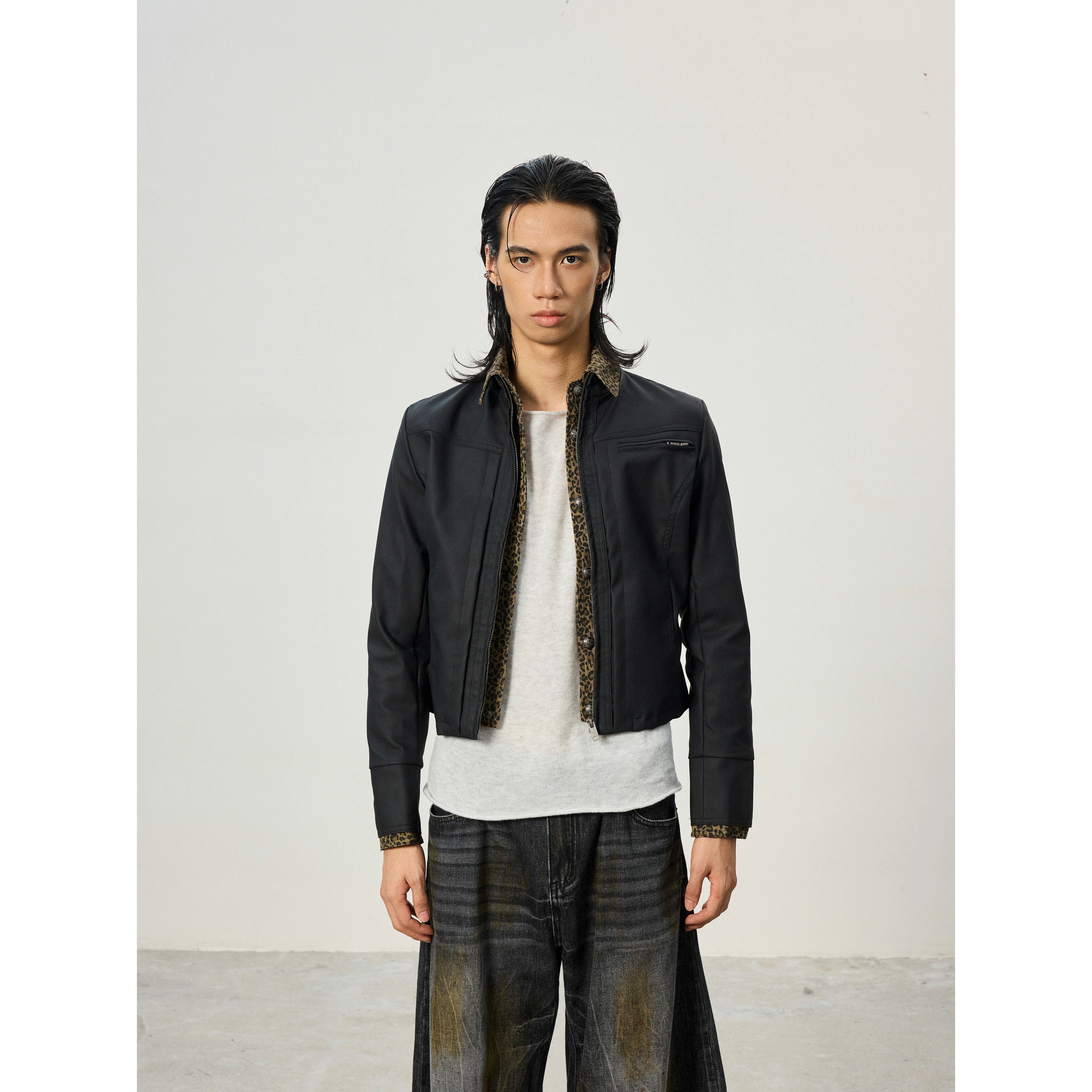 BTSG Short Fake Two-piece Leopard Print Spliced Jacket