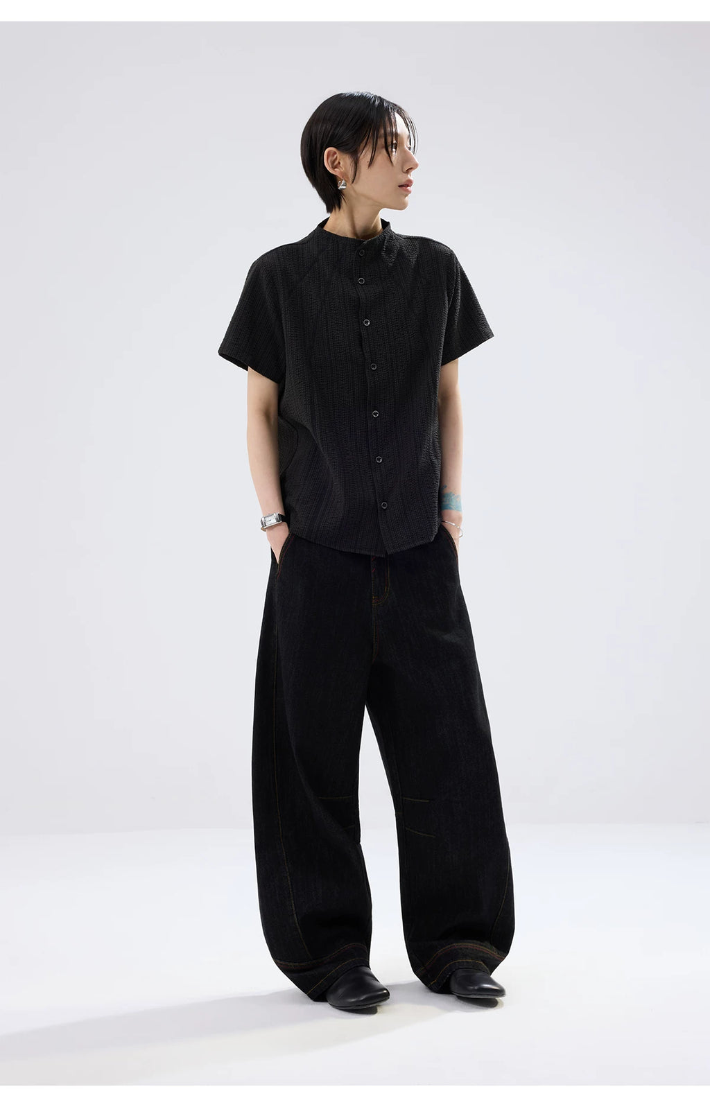 Sameuoo Small Stand-collar Striped Short-sleeve Shirt
