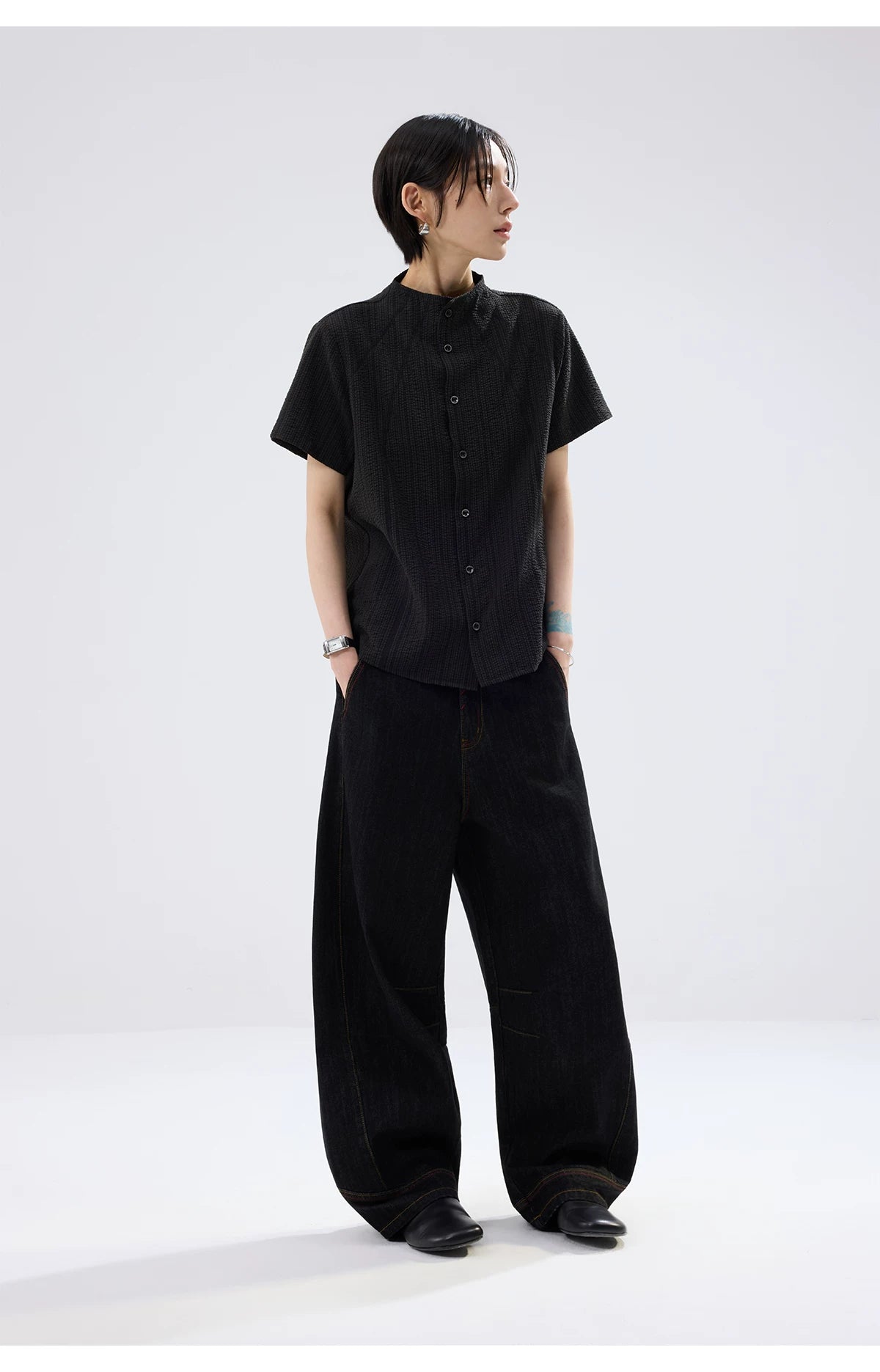 Sameuoo Small Stand-collar Striped Short-sleeve Shirt