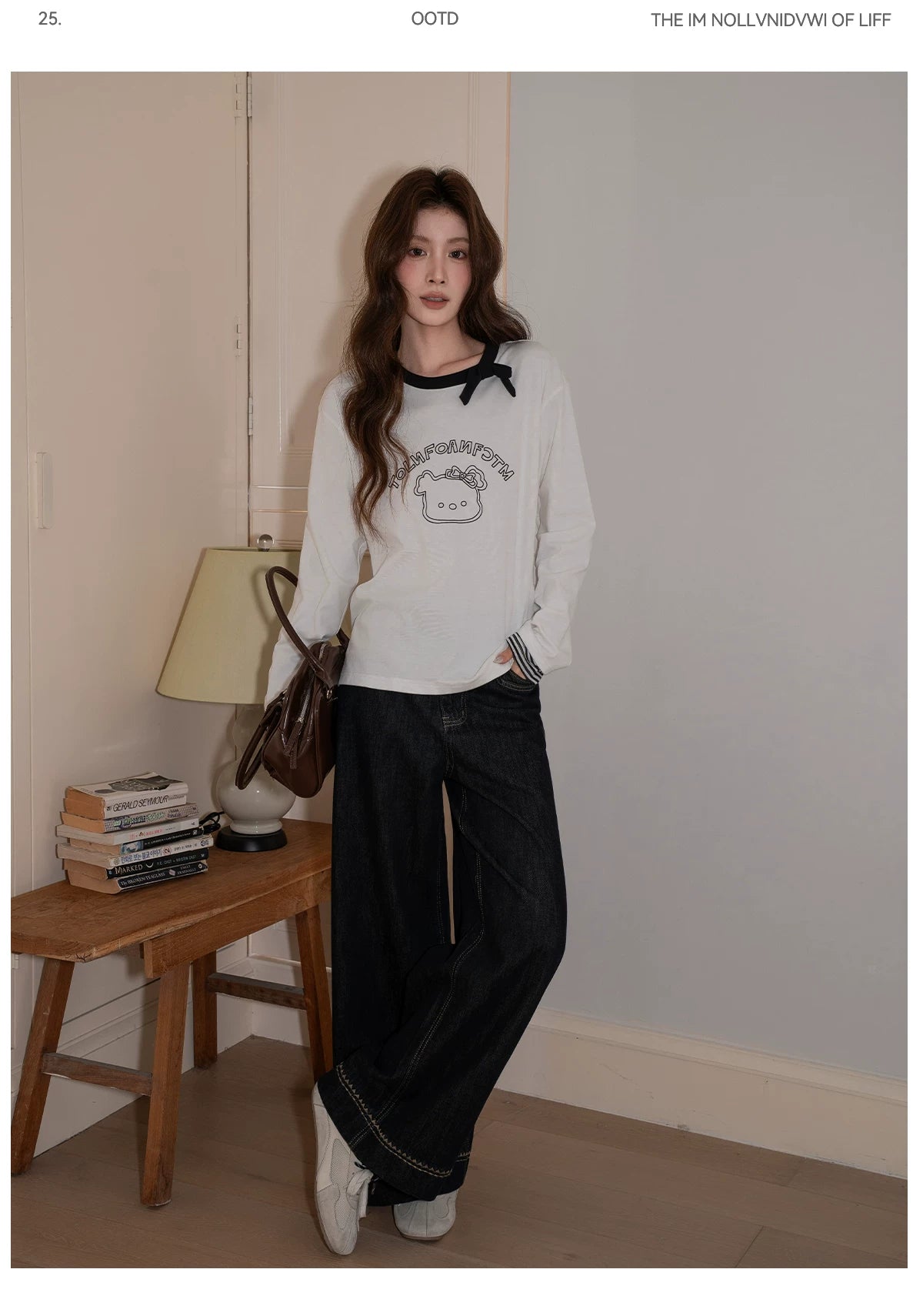 XUJING Bow Crew Neck Print Splicing Long Sleeve