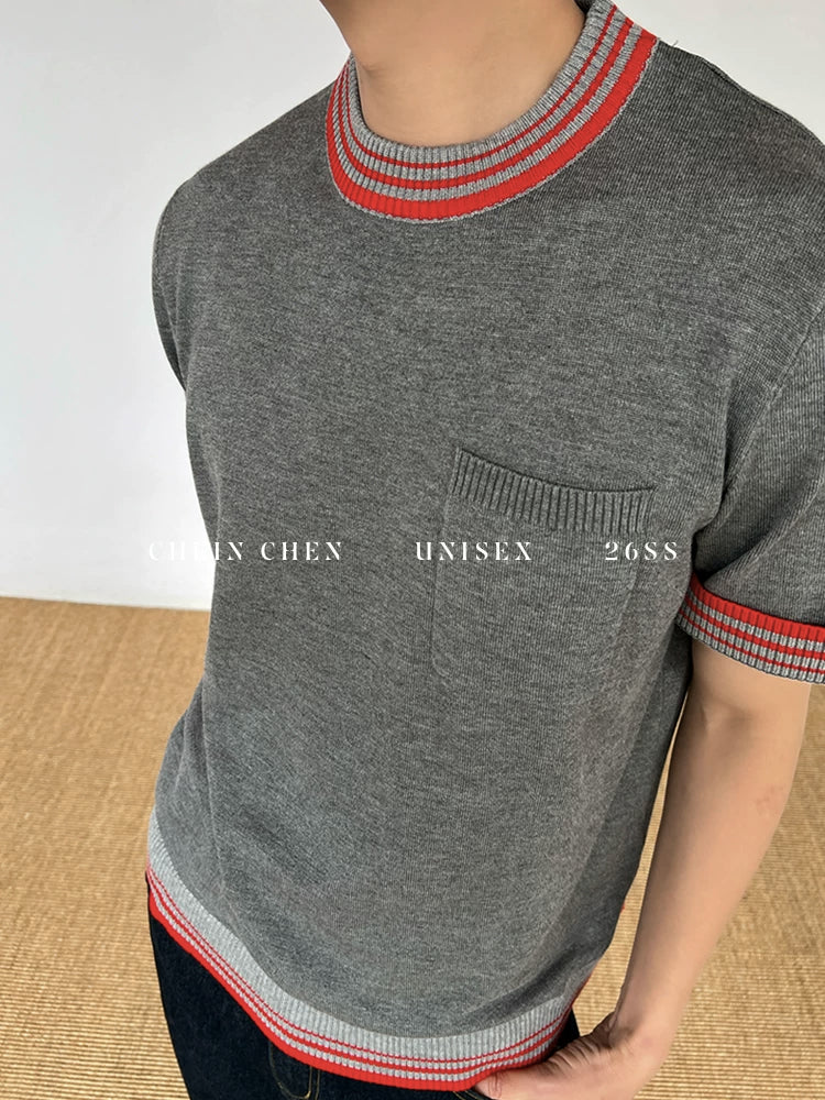 Chein Niche Contrasting Color Knitted Versatile Tee