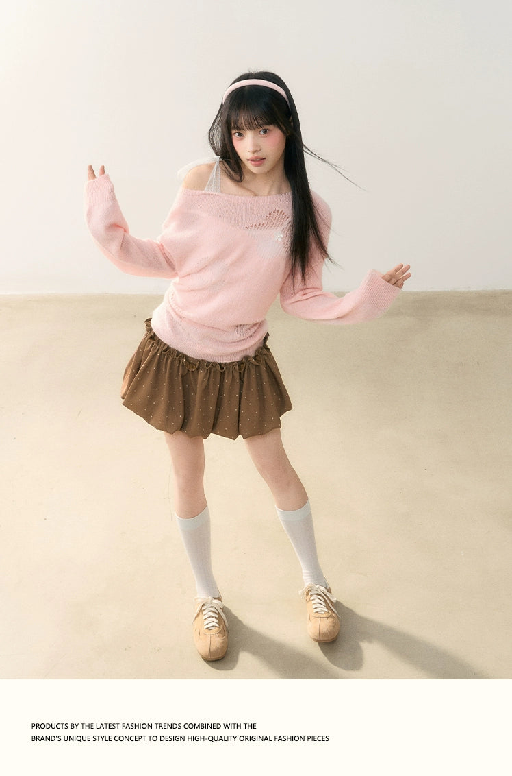 Umoumo Sweet Lace-up Knit Blouse