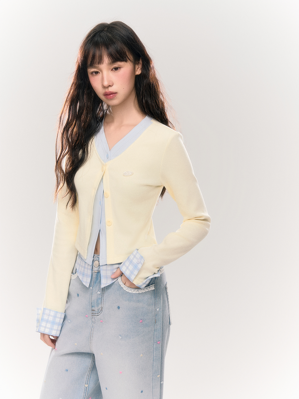 Umoumo Fake Three-piece Knitted Spliced Slim-fit Cardigan