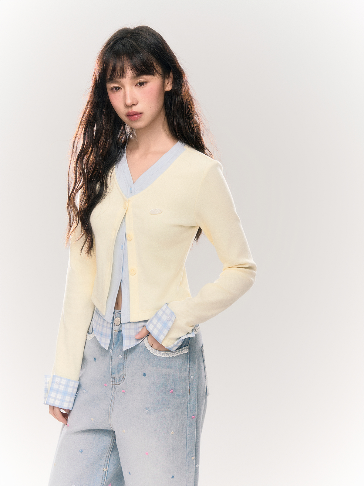 Umoumo Fake Three-piece Knitted Spliced Slim-fit Cardigan