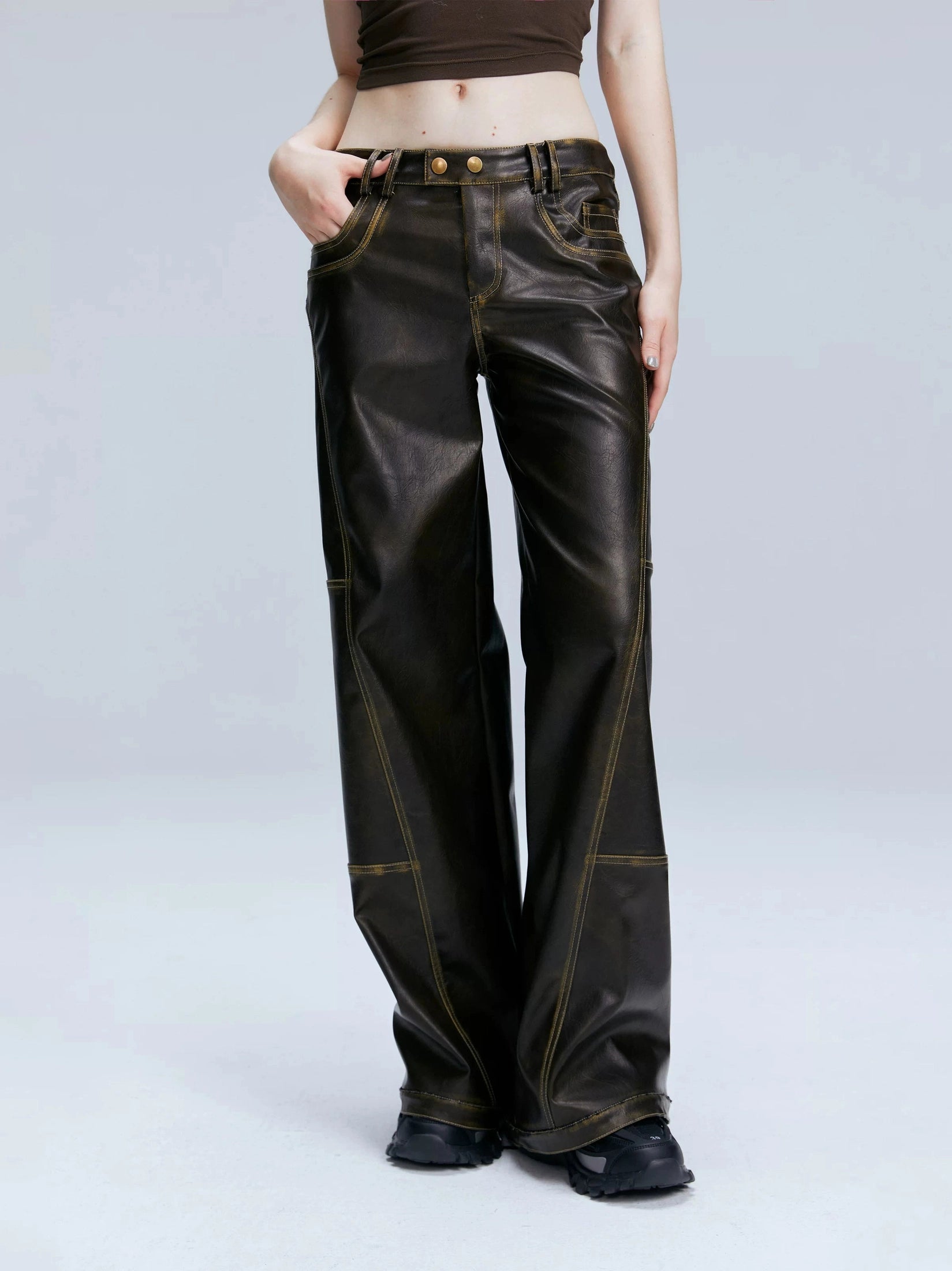 2th Desire Retro Loose Versatile Straight Leather Pants