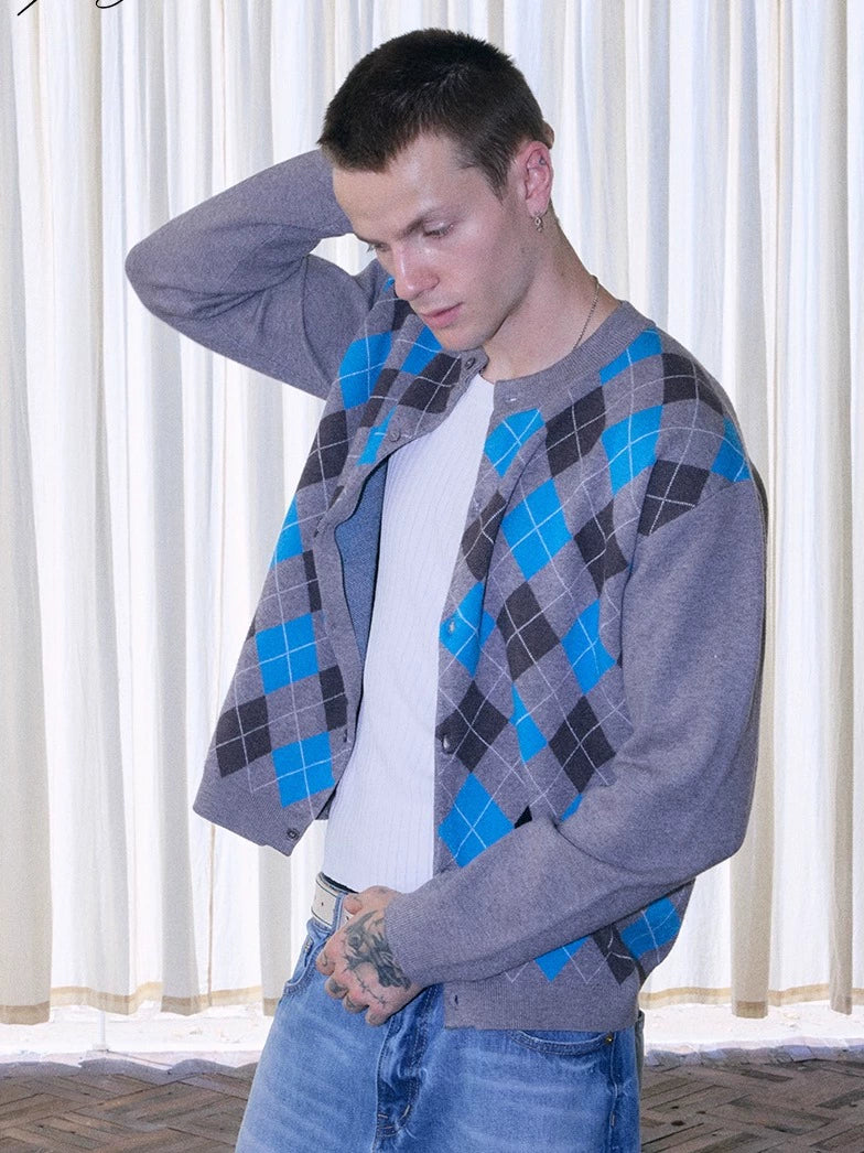 InsGale Vintage Rhombus Knitted Cardigan Sweater