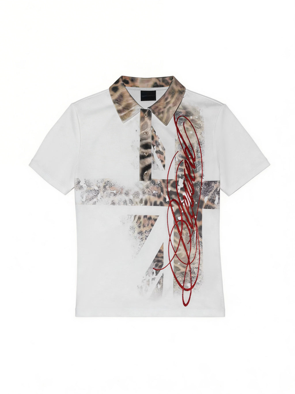 No E Mosen Flag Leopard Print Front Shoulder Tee