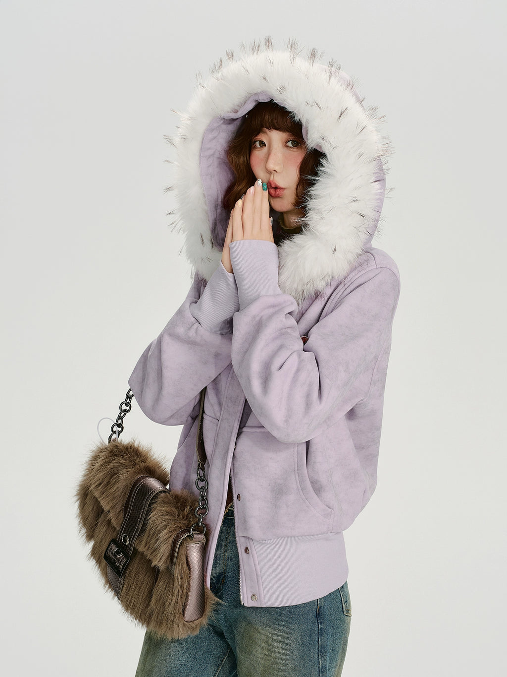 Girlyhalo Vintage Fur Collar Slim Fit Hooded Jacket