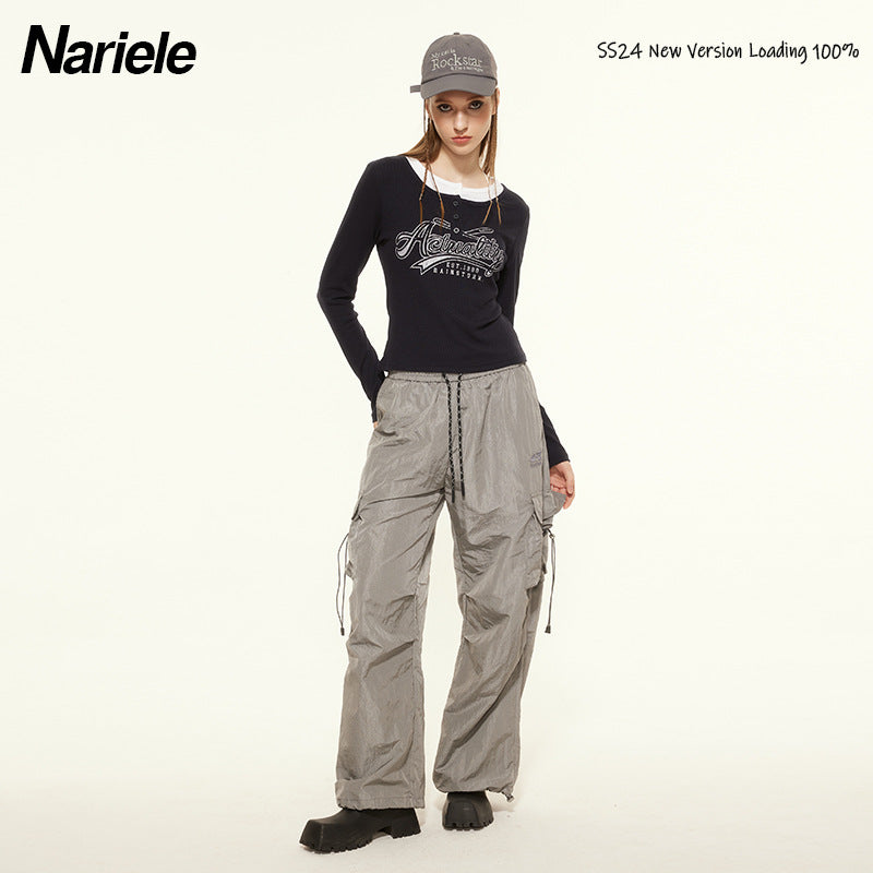 Nariele Fake Two-Letter Design Slim-Fit Long-Sleeve T-Shirt Top