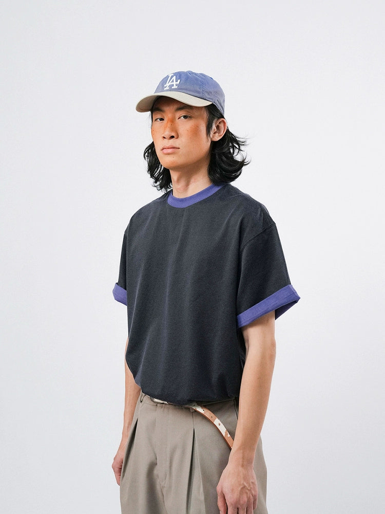 O3PARK Vintage Loose Versatile Contrast Colour Collar Roll Sleeve Tee