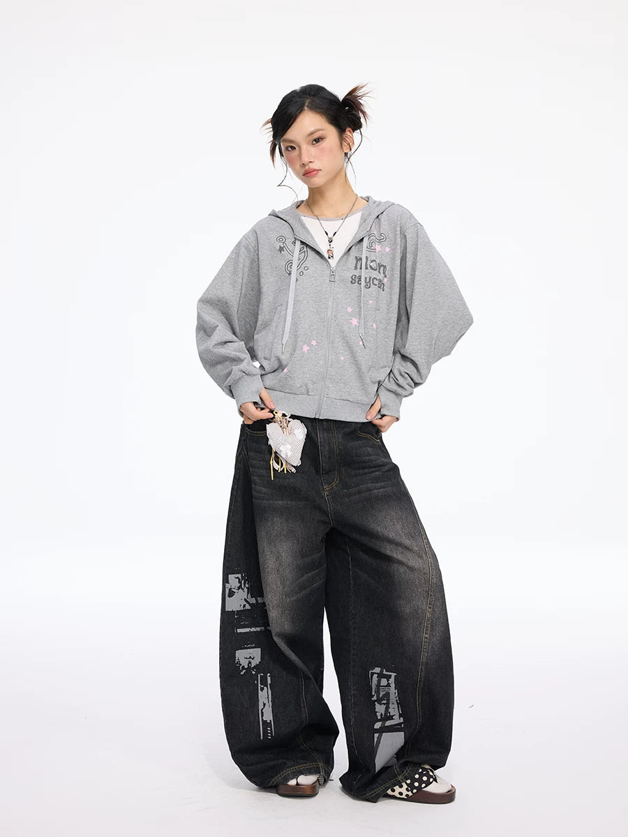 MOMSAYCAN Short Contrasting Print Hooded Jacket