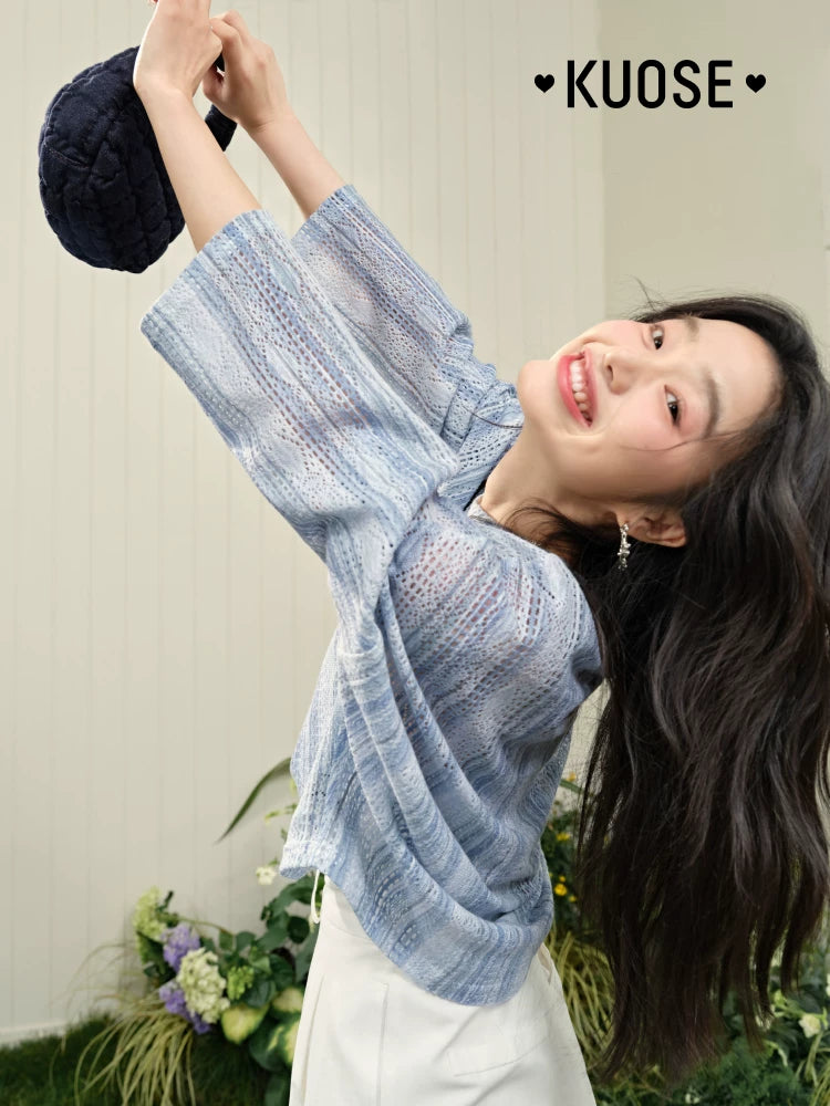 Kuose Striped Hollow Loose Long Sleeve Shirt