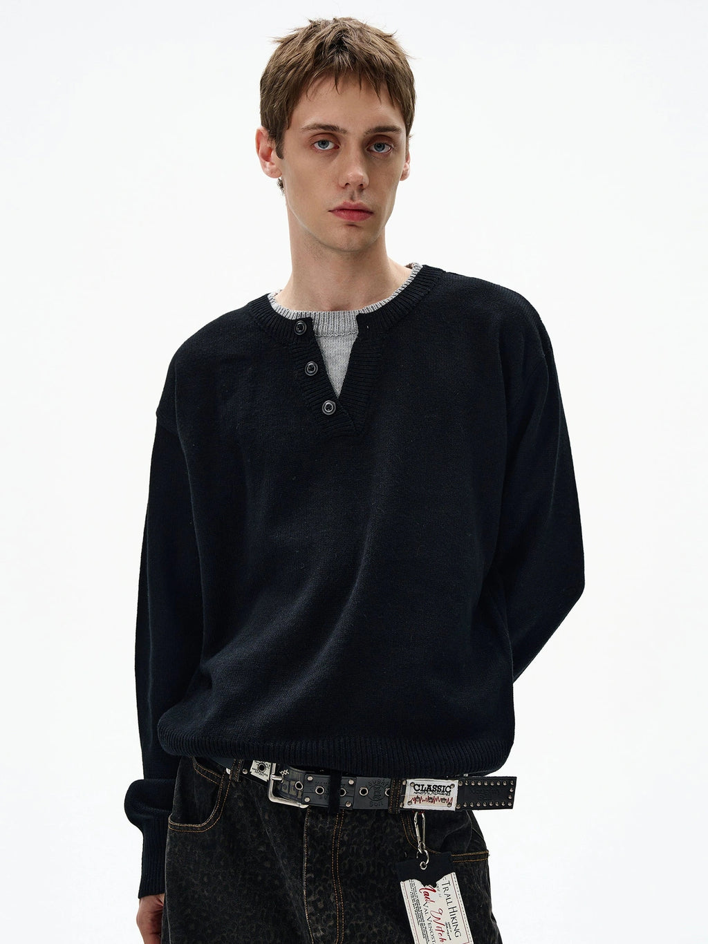 MADWITCH Retro Casual Contrasting Double-neck Knitted Sweater