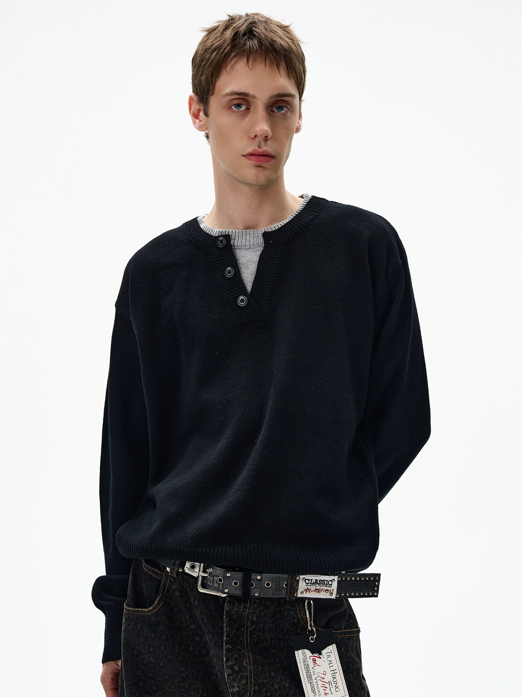 (Clearance) MADWITCH Retro Casual Contrasting Double-neck Knitted Sweater