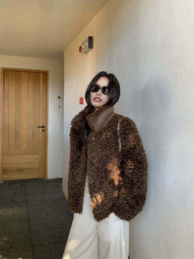 Pusumede Lapel Short Temperament Loose Fluffy Coat