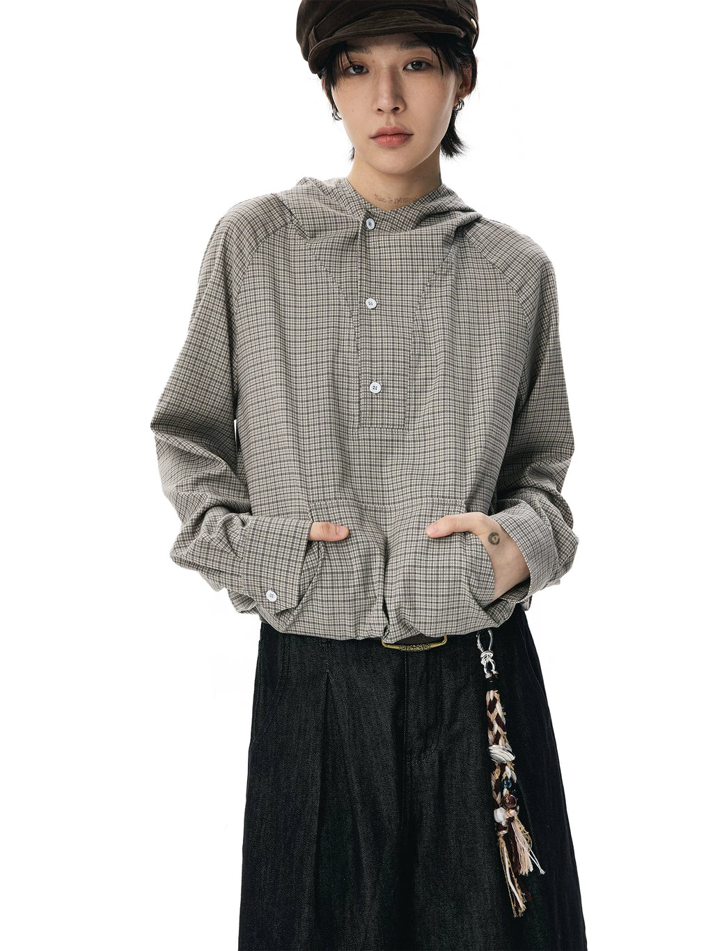 Sameuoo Hem Drawstring Hooded Plaid Long-sleeved Shirt