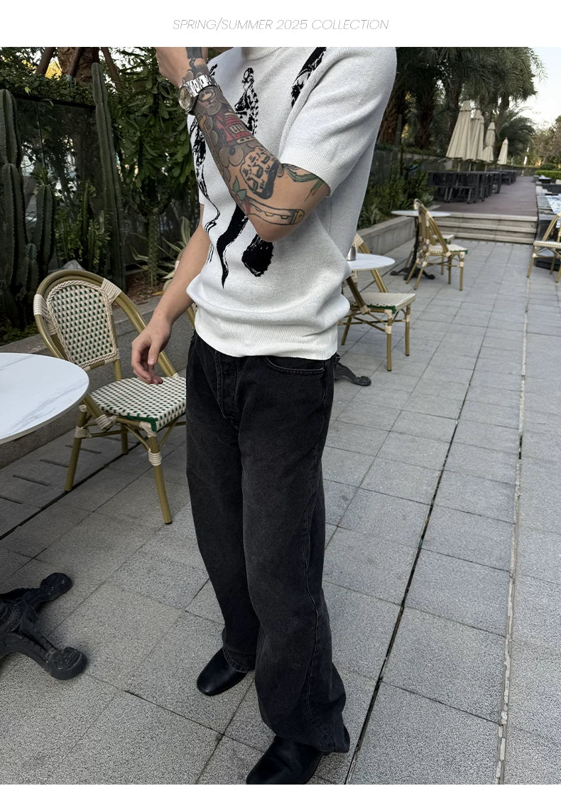WANNA LAB Skull Knife Fork Spoon Jacquard Pattern Front Shoulder Tee