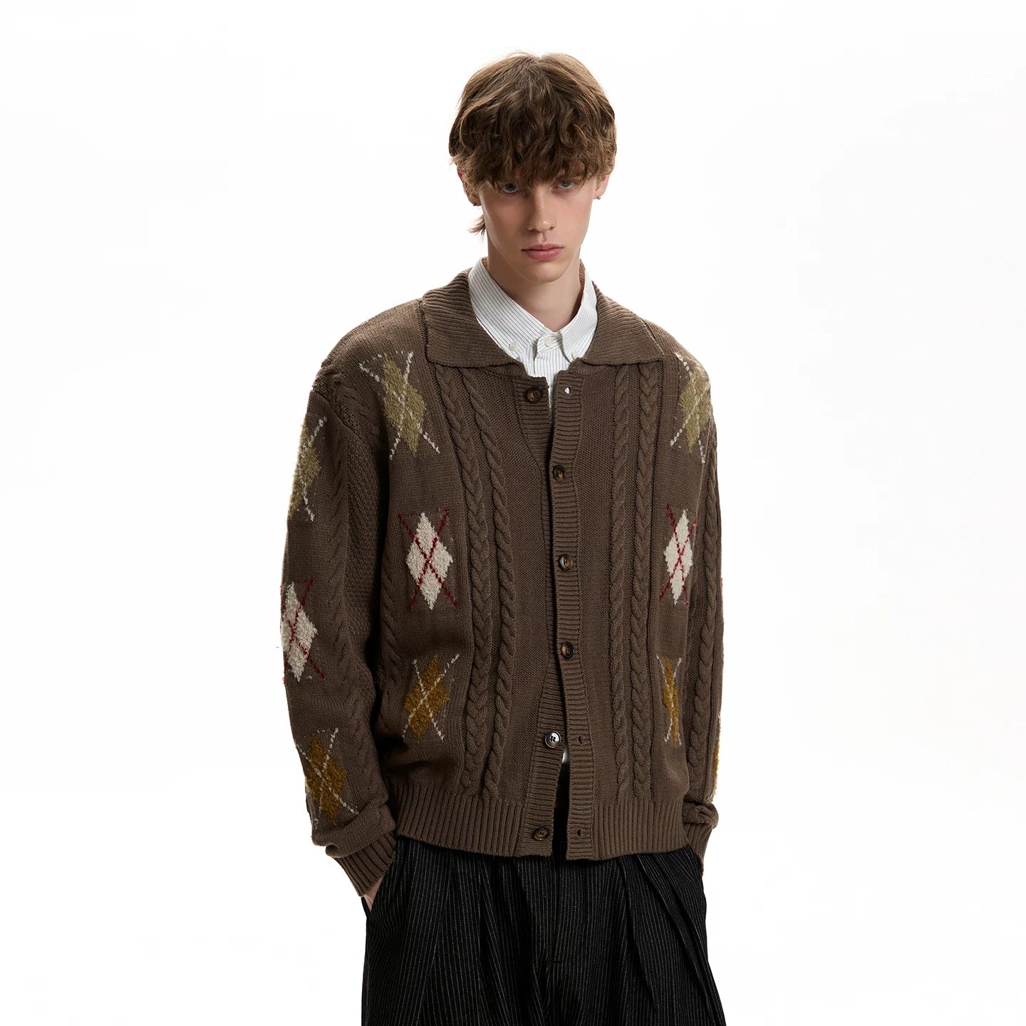 A PUEE Vintage Twist Rhombus Knitted Cardigan Sweater