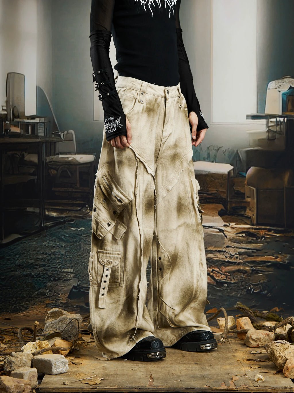 NOMANIAI Inkjet Washing Water Multi-pocket Wasteland Wind Overalls Jeans