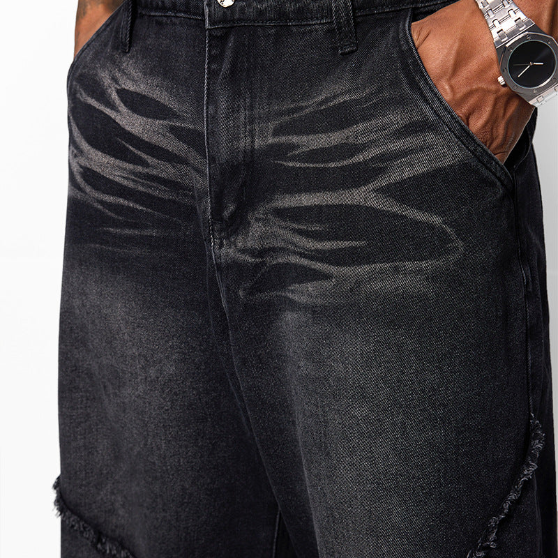 Inflation Loose Old Washed Rough Edge Stitching Jeans