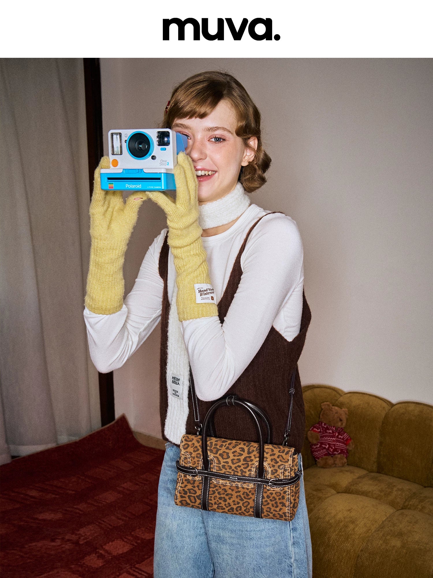 MUVA Vintage Leopard Print Brown Leather Crossbody Small Square Bag