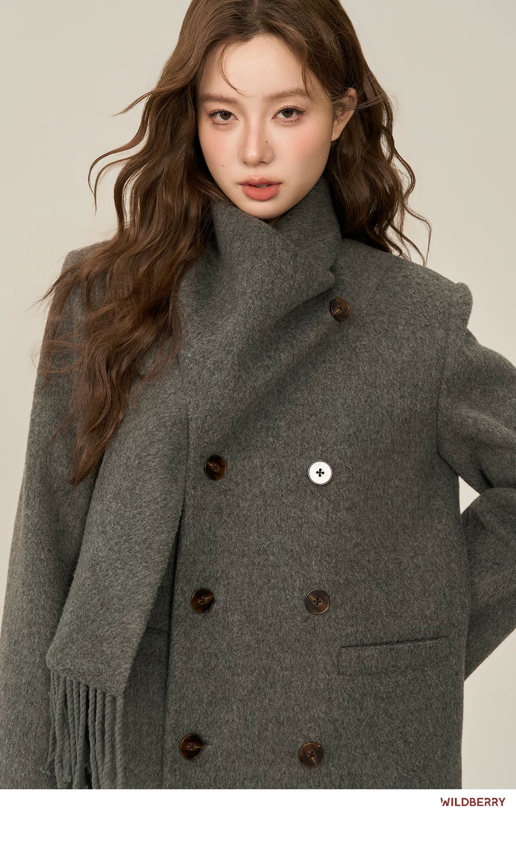 Wildberry Scarf Collar Double-breasted Medium and Long Wool Jacket