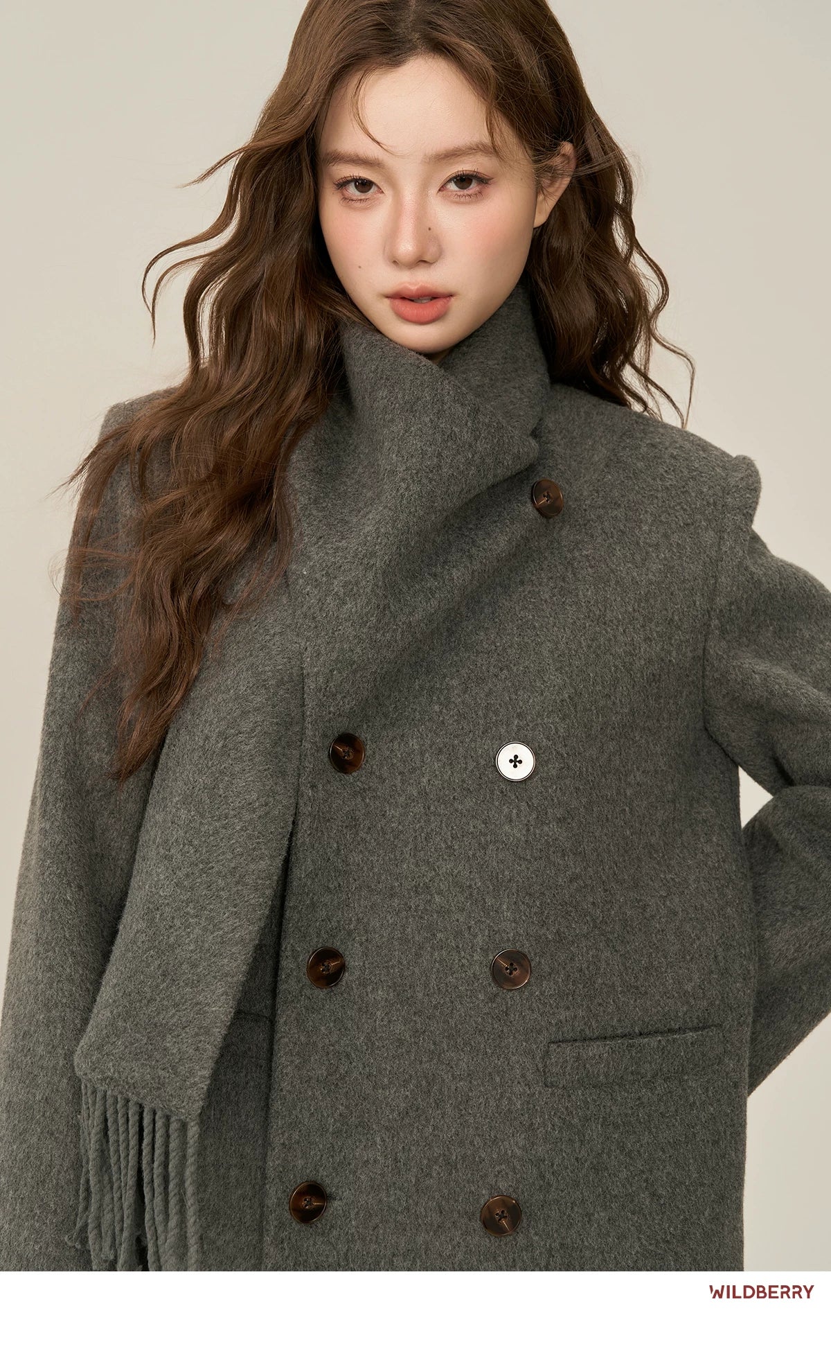 Wildberry Scarf Collar Double-breasted Medium and Long Wool Jacket