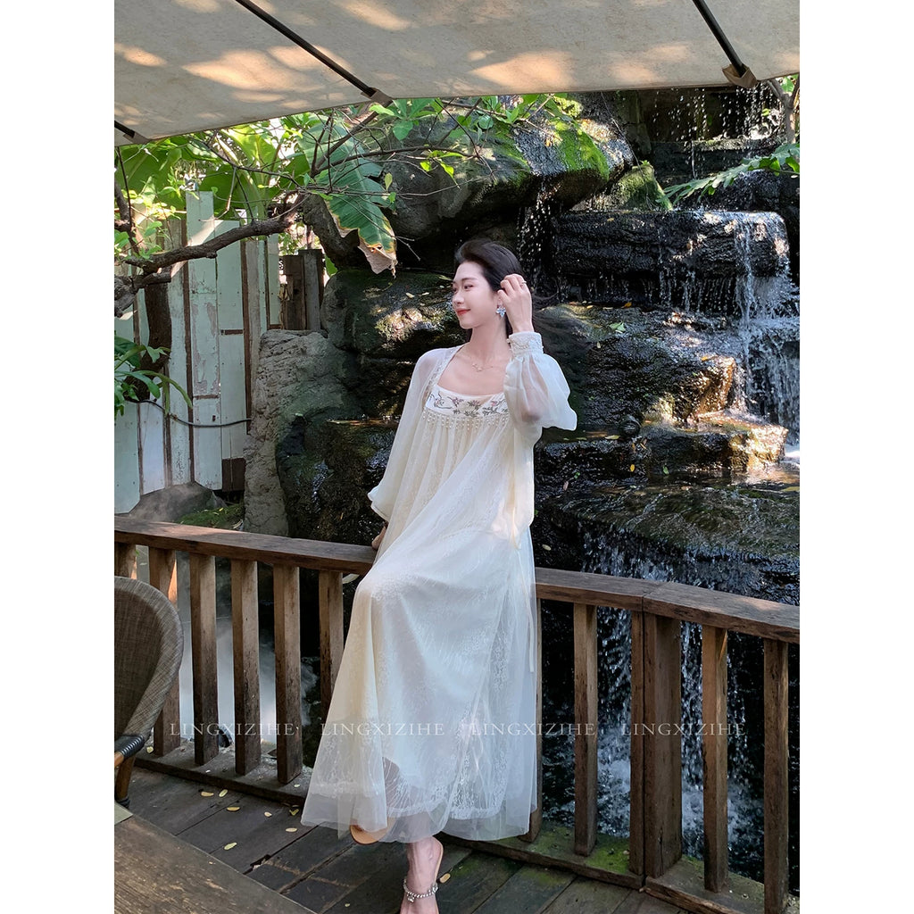 ZIHE New Chinese Mesh Lace Suspender Skirt Set